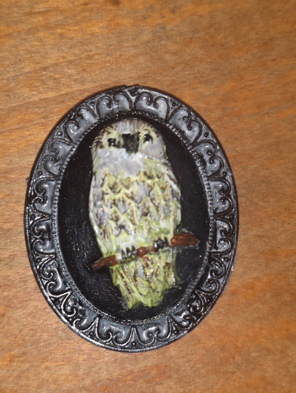 Handpainted Resin Distressed Owl Brooch